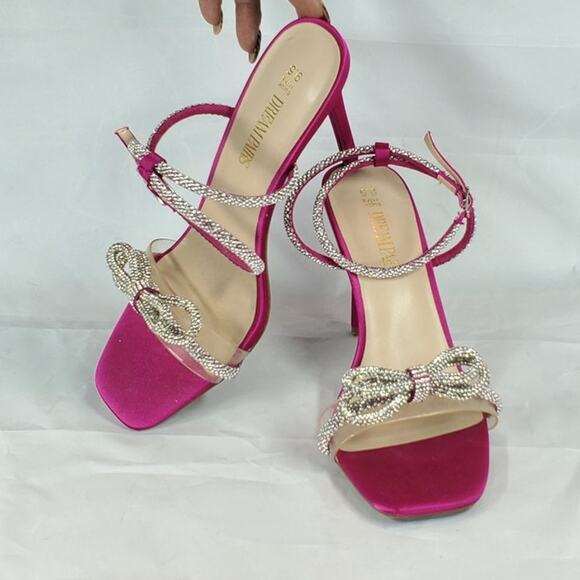 Dream Pairs Fuchsia Open Toe Heels Crystal Bow Ankle Strap – Size 9.5 - Picture 6 of 7